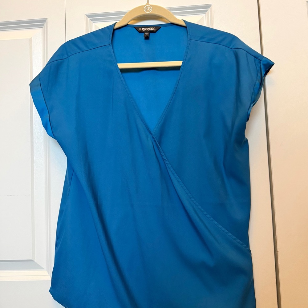 Express Women's Blue Faux Wrap Top